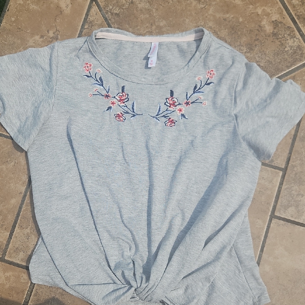 Xhilaration Blue Embellished Tie Front Short Sleeve T-Shirt